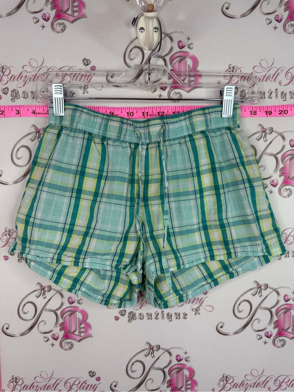 La Vie En Rose Light blue Green Plaid Drawstring Lounge Shorts